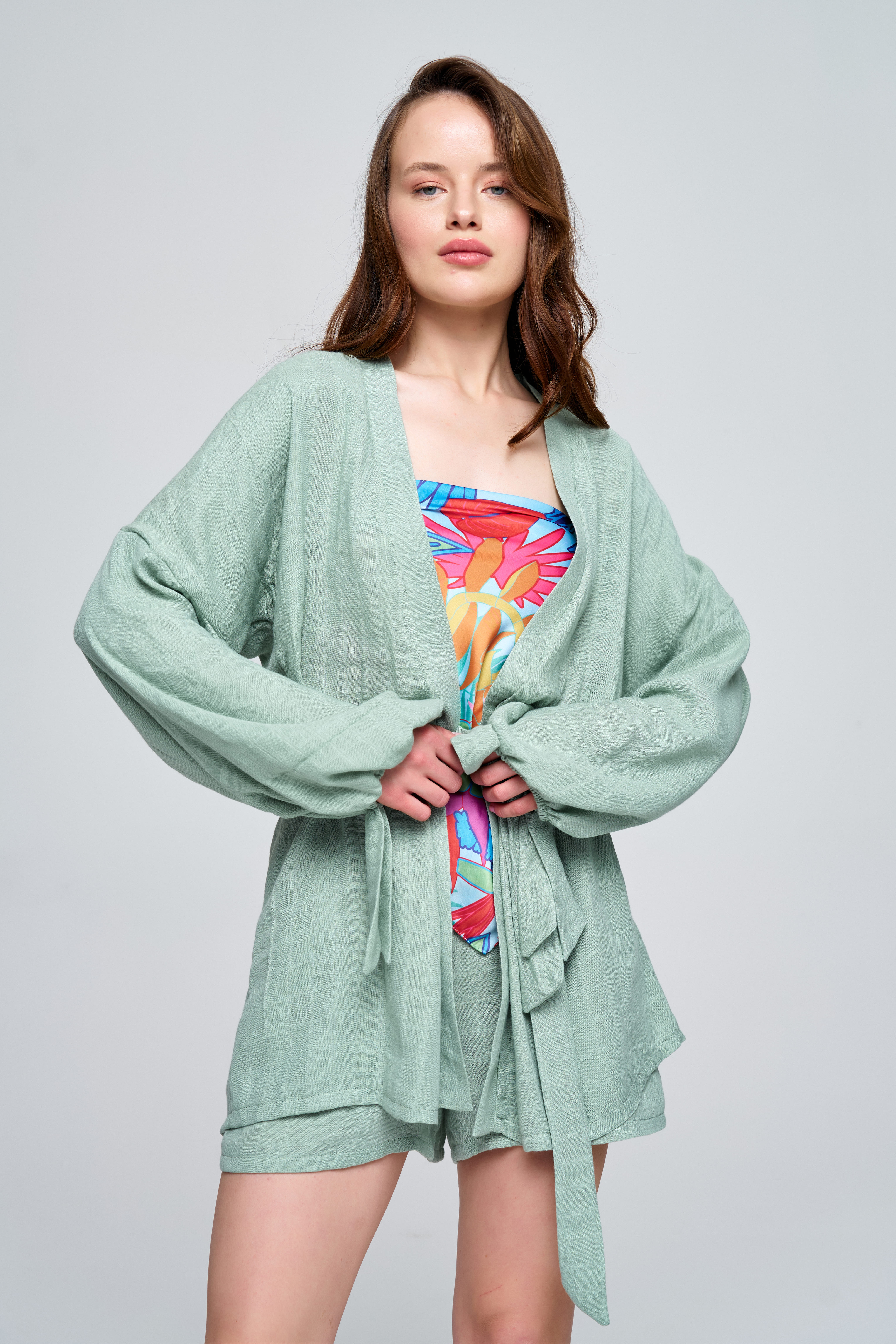 Bambu Müslin Mint Yeşili Kimono Şort Takım