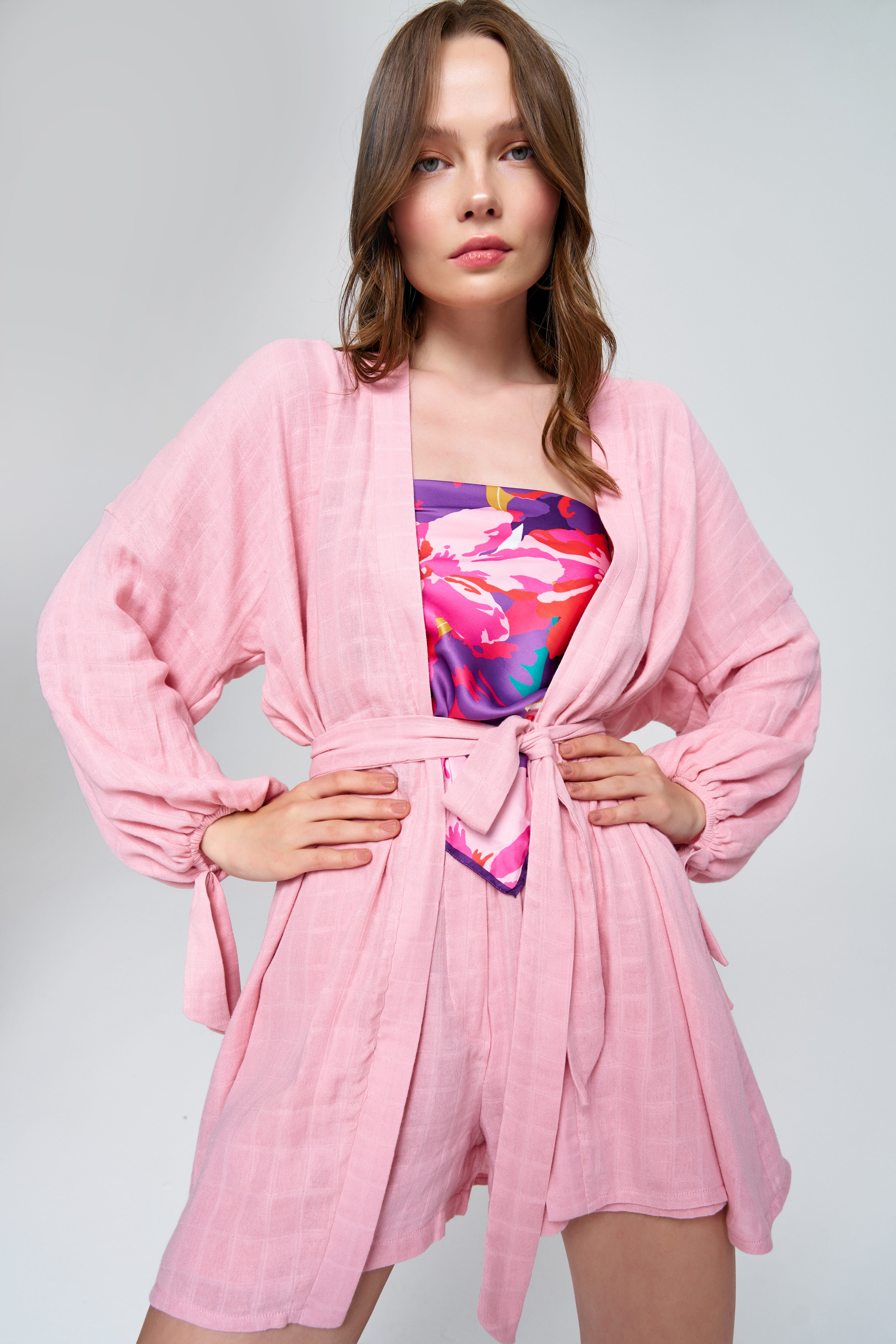 Bambu Müslin Pembe Kimono Şort Takım