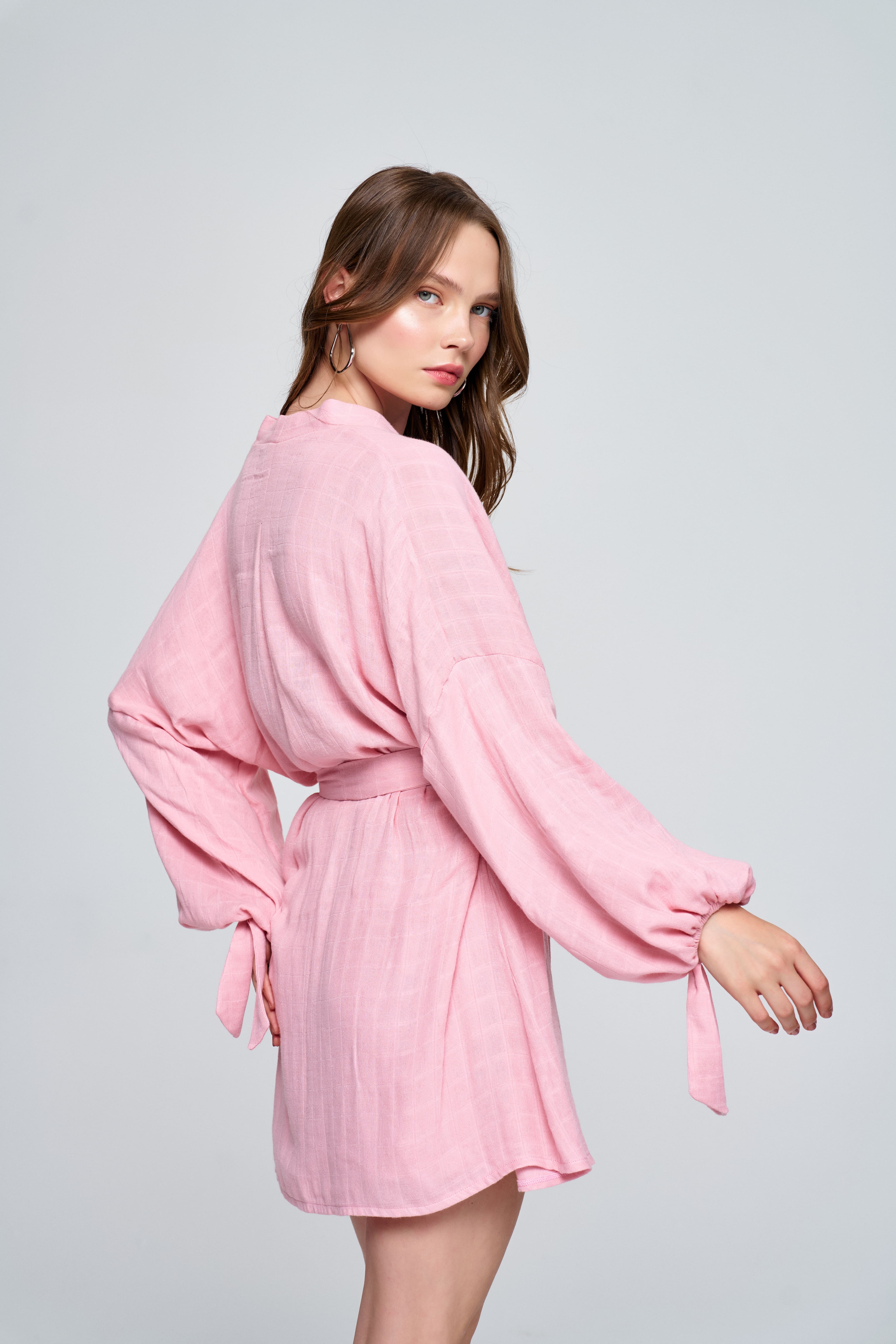 Bambu Müslin Pembe Kimono Şort Takım